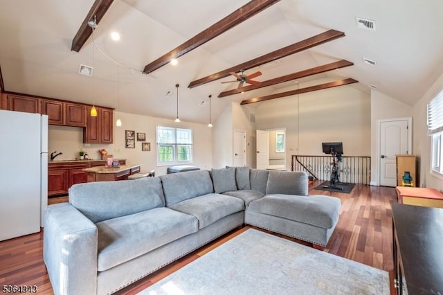 231 Woods Rd, Hillsborough Twp, NJ 08844 - living room with wood finished floors, beam ceiling, high vaulted ceiling, and ceiling fan