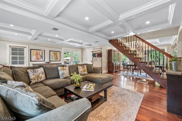 231 Woods Rd, Hillsborough Twp, NJ 08844 - living area with coffered ceiling, stairway, ornamental molding, wood finished floors, and beam ceiling