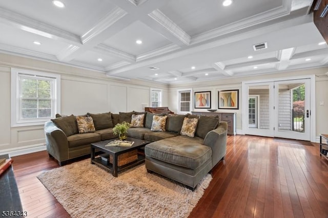 231 Woods Rd, Hillsborough Twp, NJ 08844 - living room featuring coffered ceiling, hardwood / wood-style flooring, a decorative wall, beamed ceiling, and crown molding