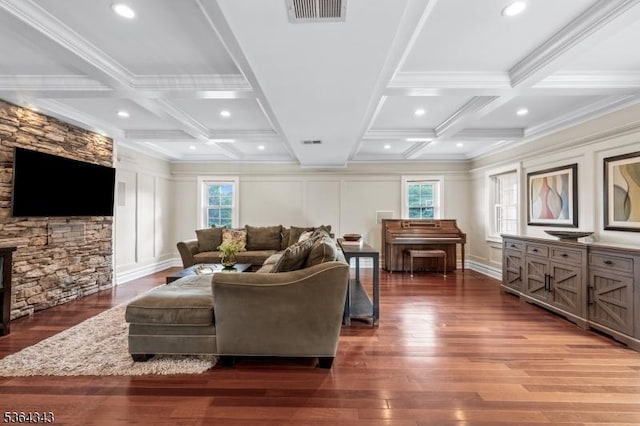 231 Woods Rd, Hillsborough Twp, NJ 08844 - living area with plenty of natural light, a decorative wall, coffered ceiling, beam ceiling, and wood finished floors