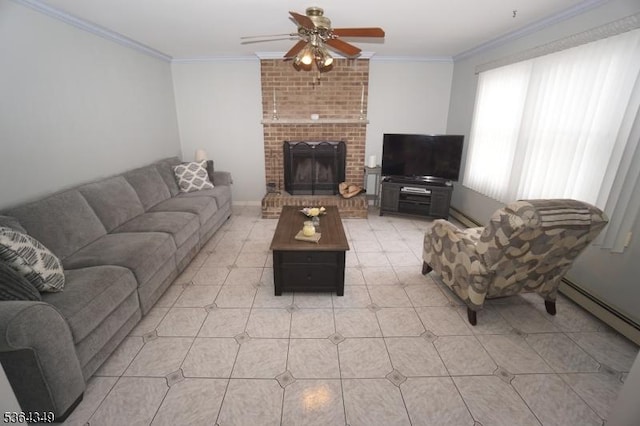 44 Joseph St, Clark Twp, NJ 07066 - living room featuring ceiling fan, ornamental molding, baseboard heating, and a fireplace