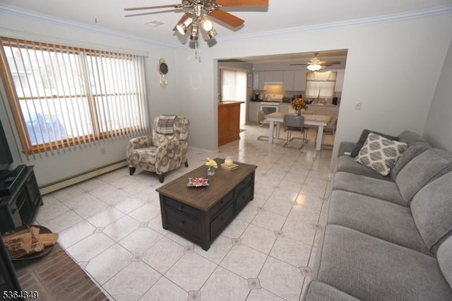 44 Joseph St, Clark Twp, NJ 07066 - living area featuring a ceiling fan, a baseboard heating unit, crown molding, and light flooring