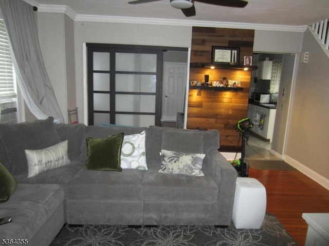 7 Brunswick Ave, Union Twp, NJ 07088 - living room with crown molding, wood finished floors, and a ceiling fan