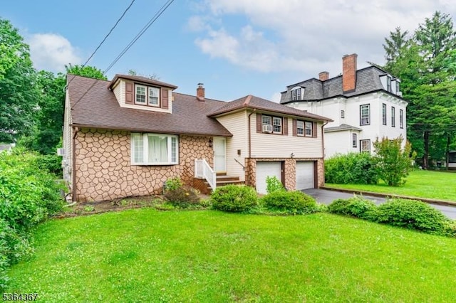 1126-1200 Grant Ave, Plainfield City, NJ 07060 - view of front of property featuring a garage, a chimney, a front lawn, asphalt driveway, and stone siding