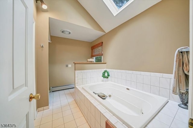 125 Drakestown Rd, Washington Twp, NJ 07853 - full bath with a skylight, a baseboard heating unit, a jetted tub, lofted ceiling, and tile patterned floors