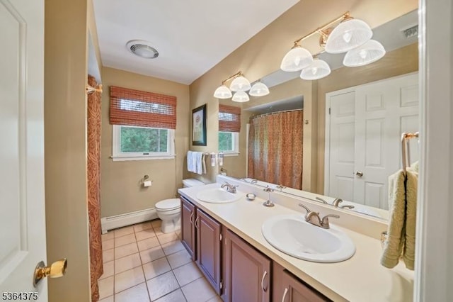 125 Drakestown Rd, Washington Twp, NJ 07853 - full bathroom featuring baseboard heating, double vanity, tile patterned floors, and a shower with curtain