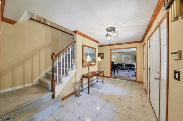 125 Drakestown Rd, Washington Twp, NJ 07853 - foyer with stairway, a chandelier, and crown molding