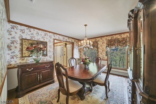 125 Drakestown Rd, Washington Twp, NJ 07853 - dining space with wallpapered walls, crown molding, wainscoting, a chandelier, and light wood-style floors