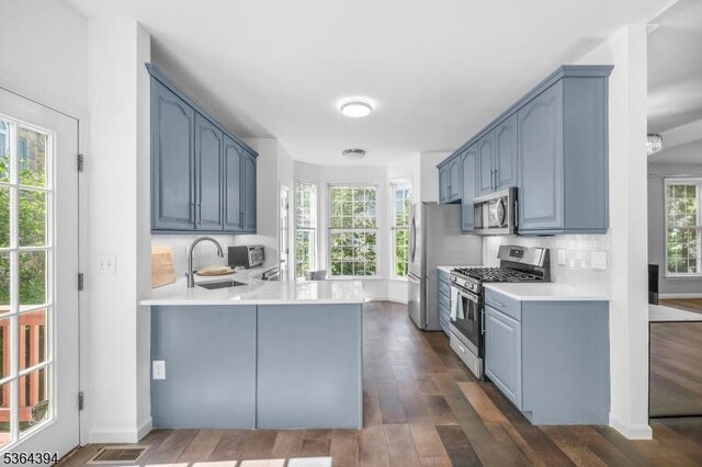 156 Arrowgate Dr, Randolph Twp, NJ 07869 - kitchen with appliances with stainless steel finishes, a peninsula, light countertops, tasteful backsplash, and dark wood-type flooring