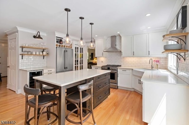 1 Deborah Dr, Morris Twp, NJ 07960 - kitchen featuring premium appliances, wall chimney exhaust hood, open shelves, beverage cooler, and tasteful backsplash