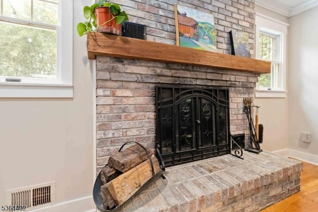 1 Deborah Dr, Morris Twp, NJ 07960 - detailed view of a fireplace, ornamental molding, and wood finished floors