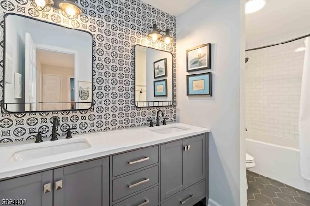 1 Deborah Dr, Morris Twp, NJ 07960 - bathroom featuring double vanity, shower / tub combo with curtain, and tile patterned flooring