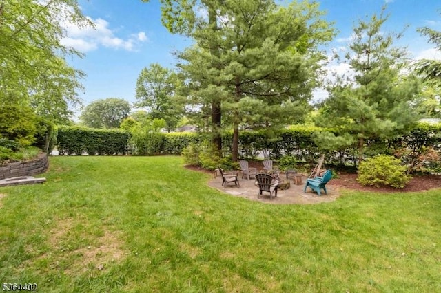 1 Deborah Dr, Morris Twp, NJ 07960 - view of green lawn featuring an outdoor fire pit and a patio area