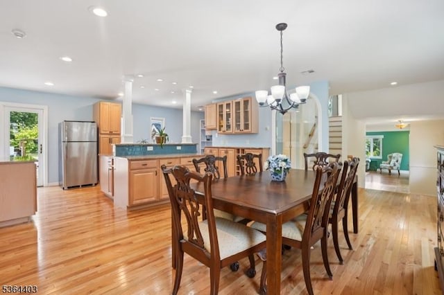 18 Forest Trl, Bernards Twp, NJ 07920 - dining room featuring stairway, light wood-style flooring, recessed lighting, a chandelier, and ornate columns
