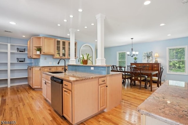 18 Forest Trl, Bernards Twp, NJ 07920 - kitchen featuring decorative columns, dishwasher, light brown cabinetry, light wood-style flooring, and recessed lighting