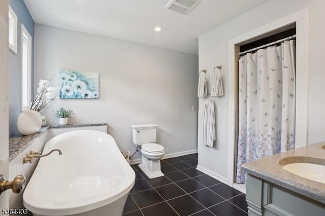 18 Forest Trl, Bernards Twp, NJ 07920 - full bath with a soaking tub, vanity, tile patterned floors, recessed lighting, and a shower with shower curtain