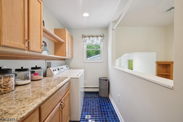 18 Forest Trl, Bernards Twp, NJ 07920 - washroom with independent washer and dryer, cabinet space, and a baseboard radiator