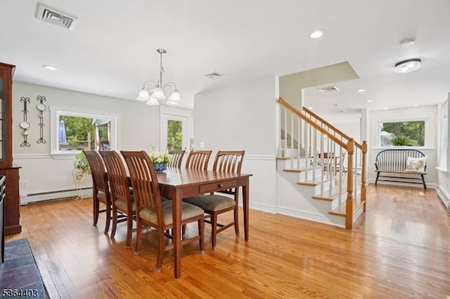 18 Forest Trl, Bernards Twp, NJ 07920 - dining space featuring a baseboard radiator, stairway, healthy amount of natural light, light wood-style flooring, and recessed lighting