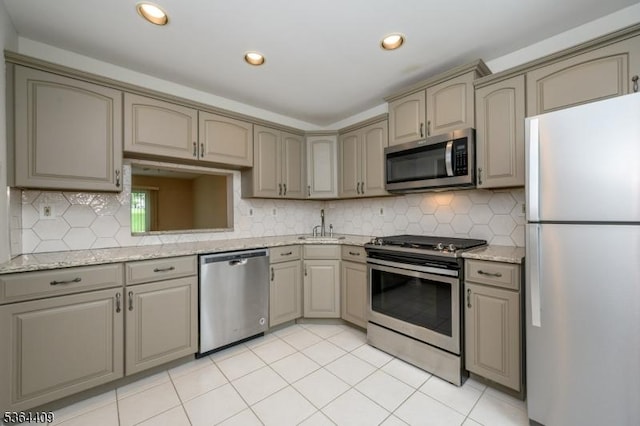 1505 Doolittle Dr, Bridgewater Twp, NJ 08807 - kitchen featuring stainless steel appliances, backsplash, light tile patterned flooring, gray cabinetry, and recessed lighting