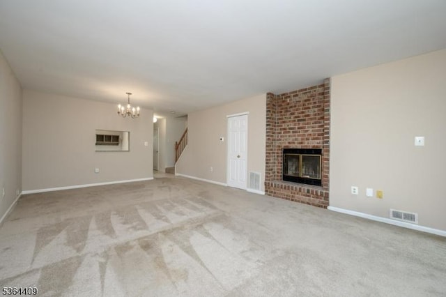 1505 Doolittle Dr, Bridgewater Twp, NJ 08807 - unfurnished living room with a brick fireplace, stairway, carpet floors, and a chandelier