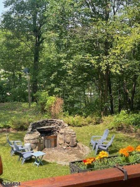 250 Waconia Rd, Vernon Twp, NJ 07422 - view of yard featuring a fire pit and a forest view