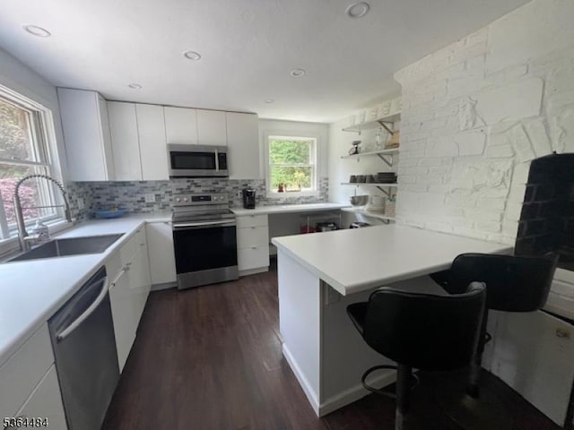 250 Waconia Rd, Vernon Twp, NJ 07422 - kitchen featuring appliances with stainless steel finishes, white cabinetry, dark wood-type flooring, a peninsula, and light countertops