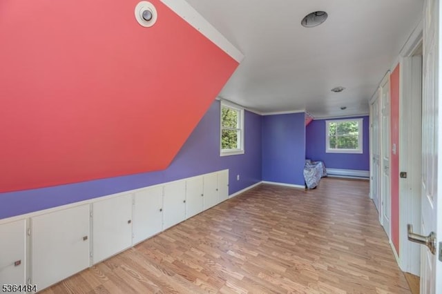 250 Waconia Rd, Vernon Twp, NJ 07422 - additional living space with light wood-type flooring, a baseboard heating unit, and vaulted ceiling