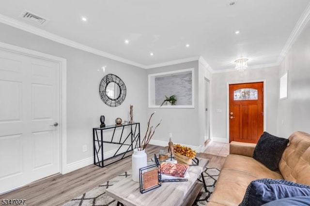 1218 Kline Pl, Rahway City, NJ 07065 - living room featuring light wood finished floors, a chandelier, ornamental molding, and recessed lighting