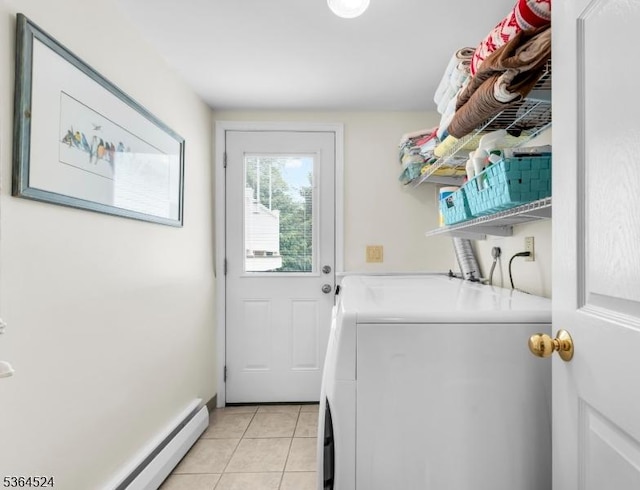 32 Sanford Dr, Randolph Twp, NJ 07869 - washroom featuring washer and dryer, light tile patterned floors, and baseboard heating