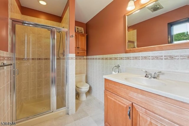 84 Liberty Corner Rd, Warren Twp, NJ 07059 - full bathroom with vanity, tile walls, a stall shower, tile patterned flooring, and wainscoting