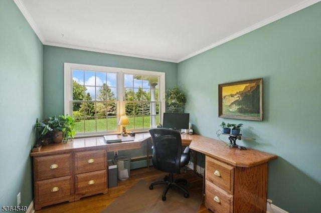 5 Woodland Rd, Franklin Twp, NJ 08867 - office area with ornamental molding, wood finished floors, and a baseboard heating unit