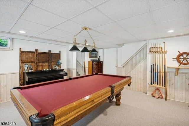 5 Woodland Rd, Franklin Twp, NJ 08867 - game room with carpet flooring, billiards, wainscoting, a drop ceiling, and wood walls