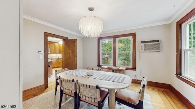 18 Lasalle Ave, Cranford Twp, NJ 07016 - dining space featuring light wood-style flooring, a chandelier, crown molding, and a wall mounted AC
