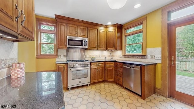 18 Lasalle Ave, Cranford Twp, NJ 07016 - kitchen with appliances with stainless steel finishes, brown cabinets, healthy amount of natural light, and recessed lighting