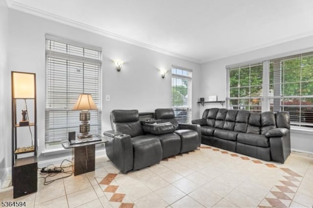 54 Magellan Way, Franklin Twp, NJ 08823 - living room featuring light tile patterned flooring, ornamental molding, and inlaid floor details