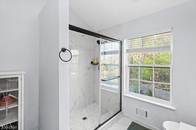 54 Magellan Way, Franklin Twp, NJ 08823 - bathroom with a marble finish shower, marble finish flooring, and vaulted ceiling