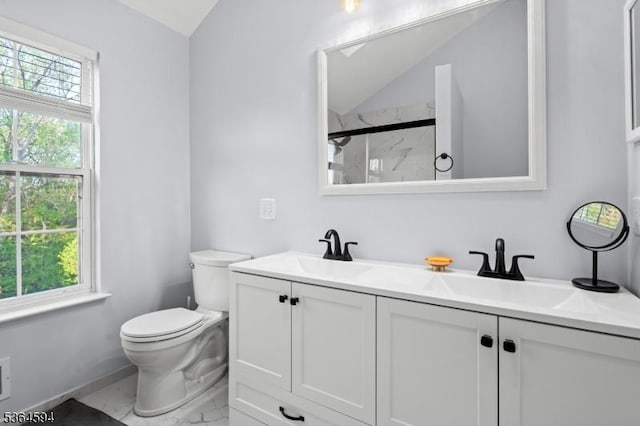 54 Magellan Way, Franklin Twp, NJ 08823 - full bath featuring marble finish floors, double vanity, lofted ceiling, plenty of natural light, and a marble finish shower