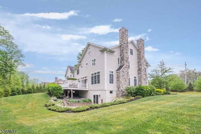 75 Keystone Ct, Bernards Twp, NJ 07920 - rear view of house with a yard, a deck, and a chimney