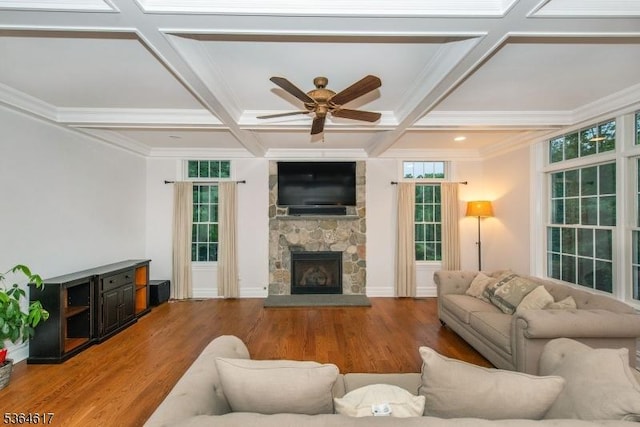 75 Keystone Ct, Bernards Twp, NJ 07920 - living room with a fireplace, coffered ceiling, wood finished floors, a ceiling fan, and plenty of natural light