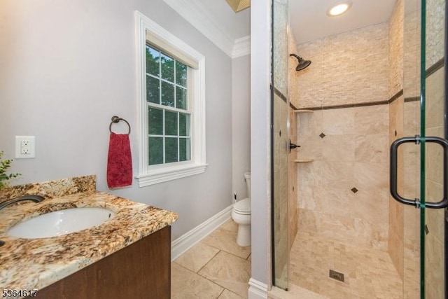 75 Keystone Ct, Bernards Twp, NJ 07920 - bathroom featuring crown molding, a shower stall, vanity, and tile patterned flooring