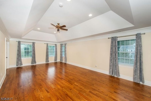 75 Keystone Ct, Bernards Twp, NJ 07920 - empty room with a tray ceiling, ceiling fan, wood finished floors, ornamental molding, and recessed lighting