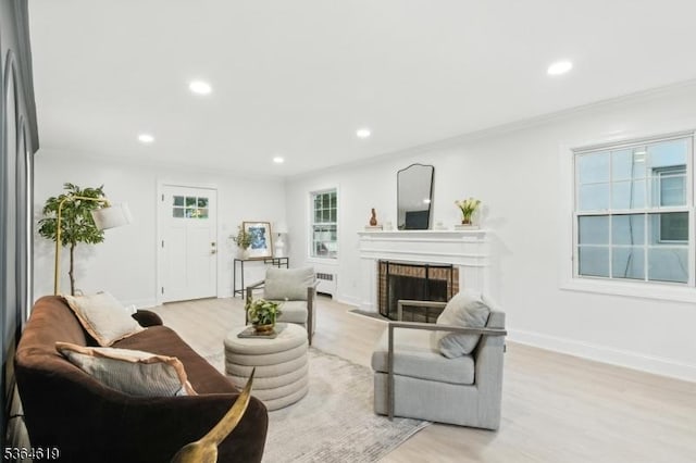 28-30 Reynolds Pl, Newark City, NJ 07106 - living area featuring radiator, a fireplace, recessed lighting, light wood-style floors, and ornamental molding