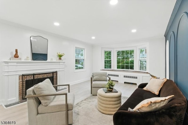 28-30 Reynolds Pl, Newark City, NJ 07106 - living area with wood finished floors, recessed lighting, a fireplace, radiator heating unit, and ornamental molding