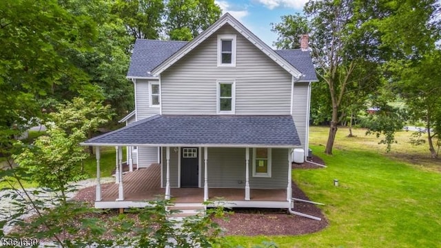 2 New Mashipacong Rd, Montague Twp, NJ 07827 - rear view of house featuring a yard, covered porch, roof with shingles, and a chimney
