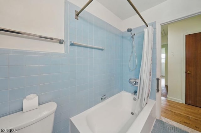 89 Fieldcrest Rd, Parsippany-Troy Hills Twp, NJ 07054 - bathroom with shower / bath combination with curtain, wood finished floors, and tile walls