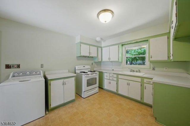 89 Fieldcrest Rd, Parsippany-Troy Hills Twp, NJ 07054 - kitchen with white electric stove, washer / clothes dryer, light countertops, and light flooring