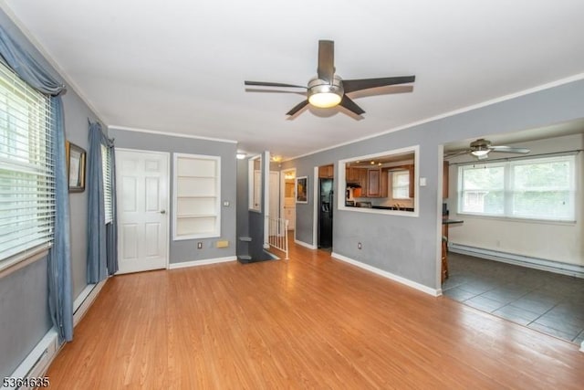 322 P7 Richard Mine Rd Unit 7, Rockaway Twp, NJ 07885 - unfurnished living room with a baseboard heating unit, ceiling fan, light wood-style floors, built in features, and ornamental molding
