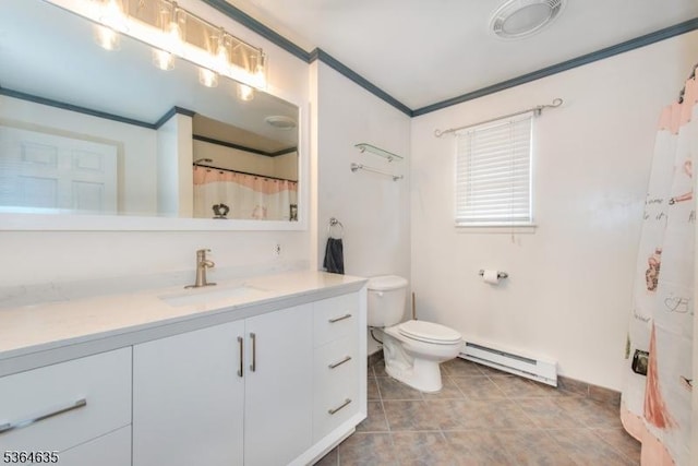 322 P7 Richard Mine Rd Unit 7, Rockaway Twp, NJ 07885 - bathroom with a baseboard heating unit, crown molding, vanity, tile patterned flooring, and curtained shower