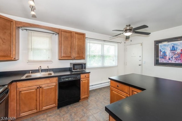 322 P7 Richard Mine Rd Unit 7, Rockaway Twp, NJ 07885 - kitchen with black dishwasher, stainless steel microwave, dark countertops, baseboard heating, and ceiling fan