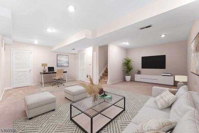 26 Allison Ct, South Brunswick Twp, NJ 08852 - carpeted living room with stairs, an office area, and recessed lighting